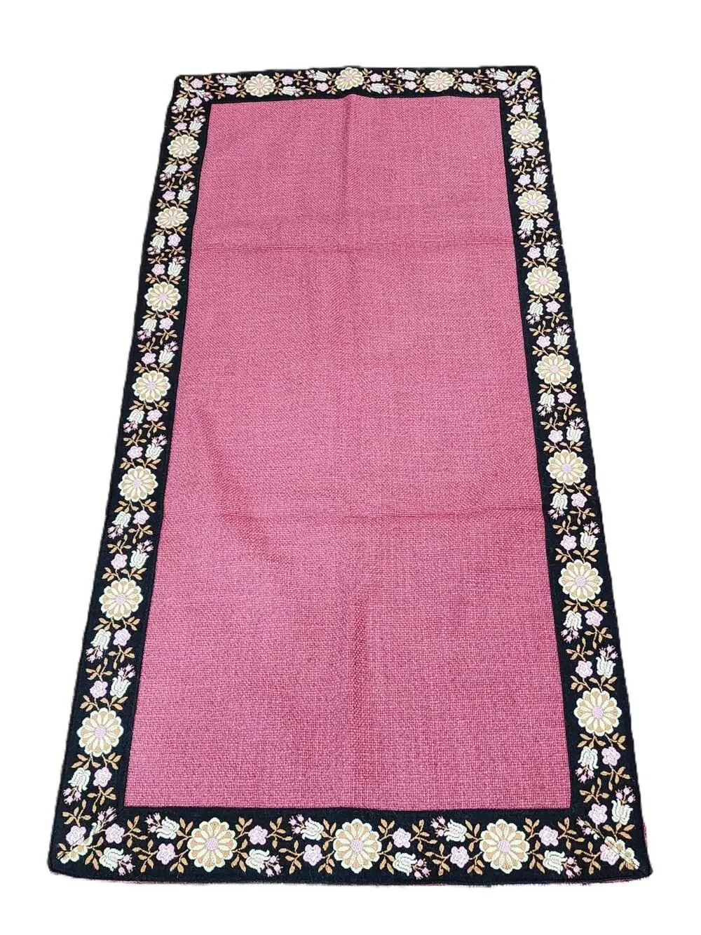 Floral Embroidered Border Textured Table Runner Red 16